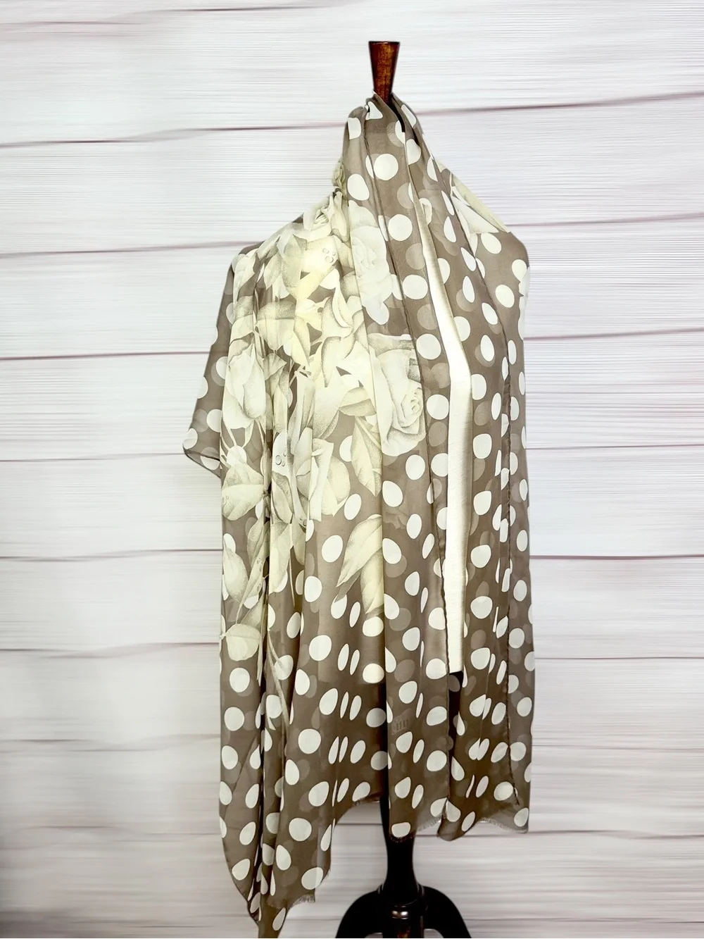Vintage Gianfranco Ferré Silk Scarf Shawl Wrap 34x78 Roses Polka Dot Taupe Cream